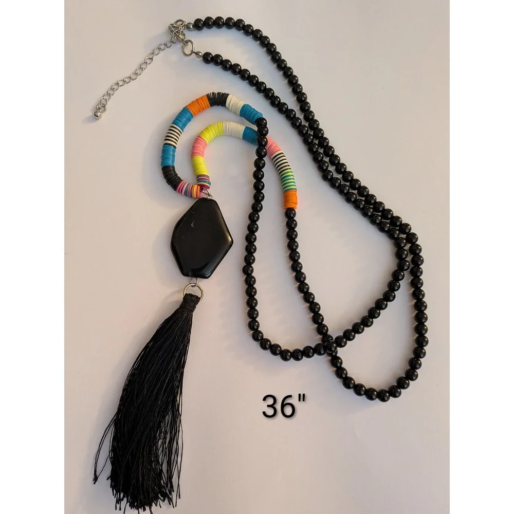 Boho Black Beaded Long Tassel Necklace Colorful Disc Accents 36 Inch Statement